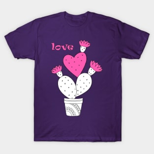 cartoon cactus with pink heart and love T-Shirt